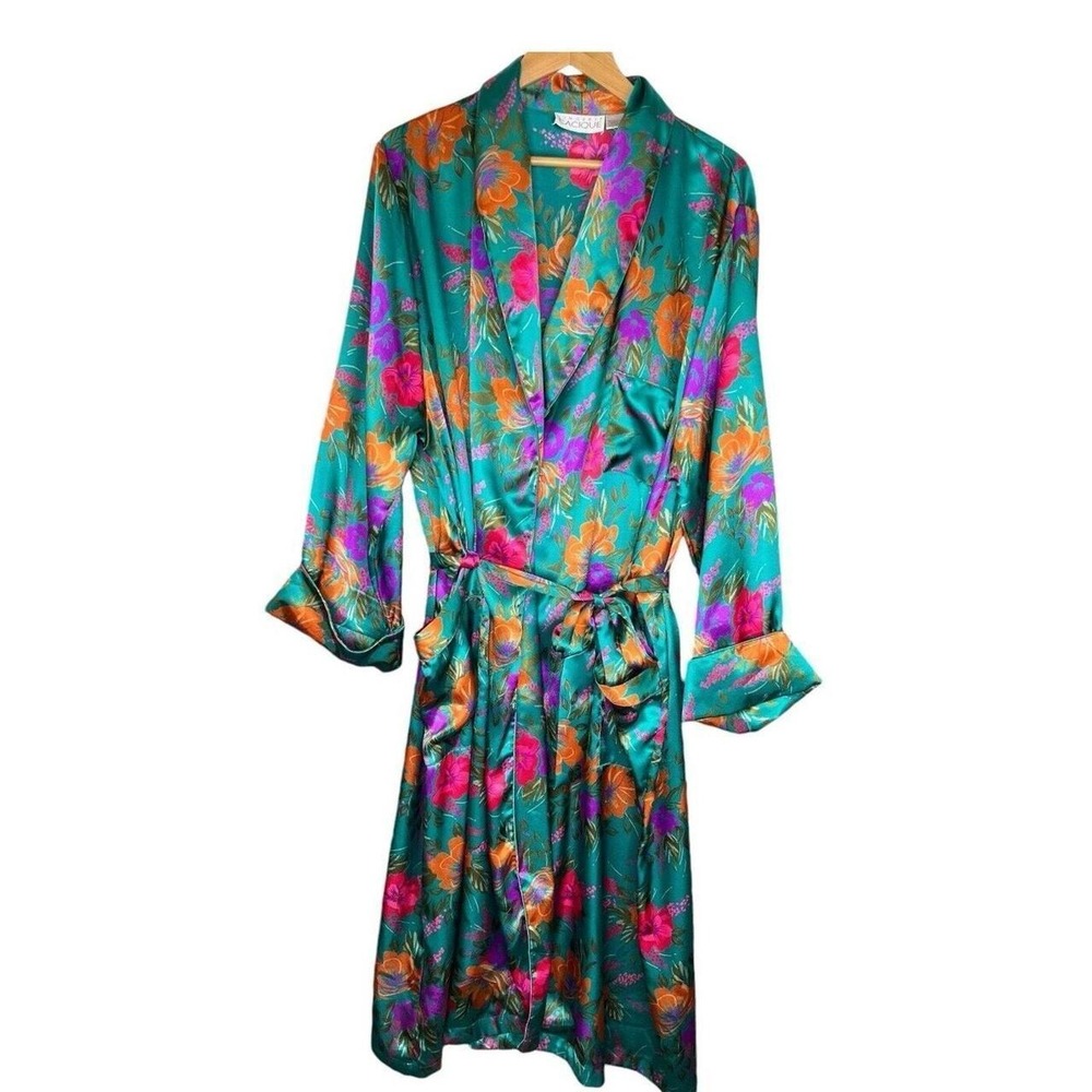 Cacique Teal Floral Satin Robe Kimono Hawaiian Vintage Lingerie Size Medium EUC